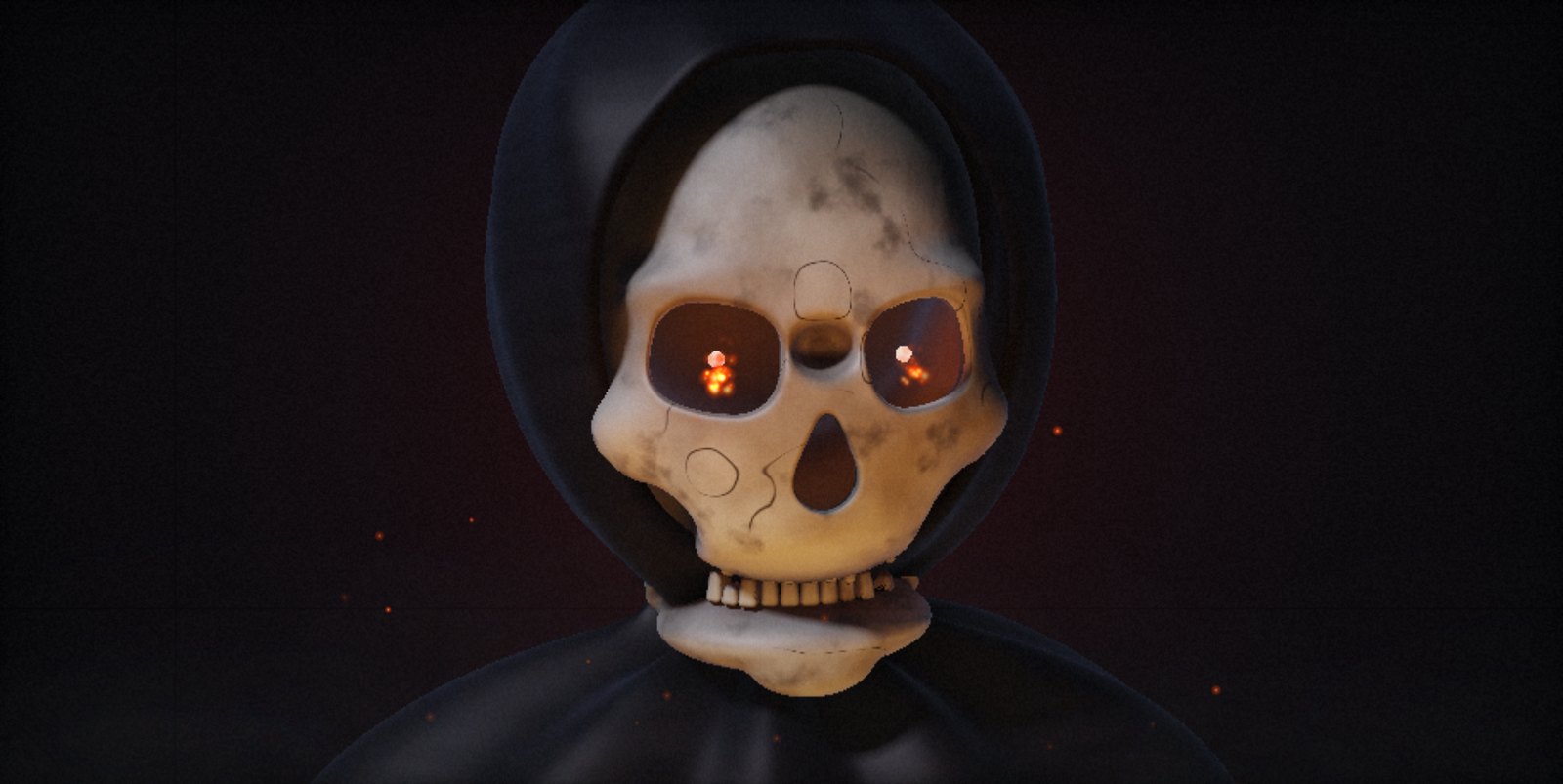 Hauntface running: the Reaper's cracked skull in a black hood, fire in its eye sockets